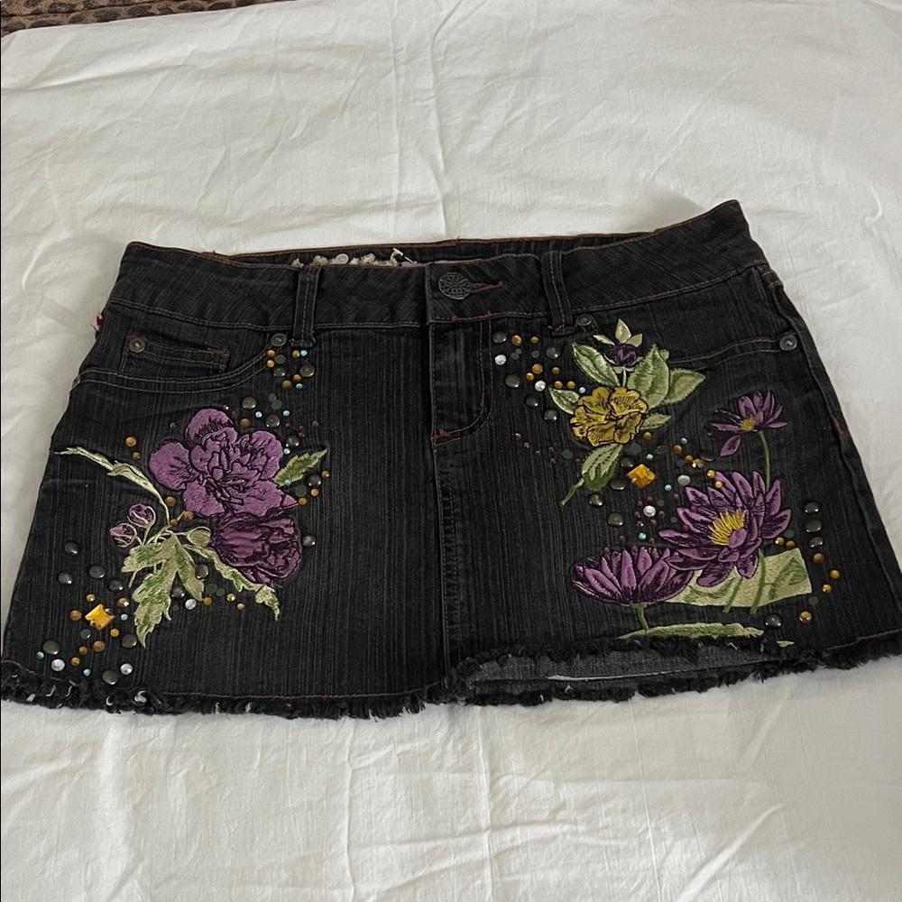 XOXO Black Mini Skirt with Floral Embroidery
